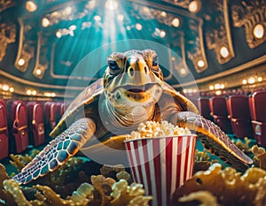 Sea turtle in underwater movie theater with popcorn