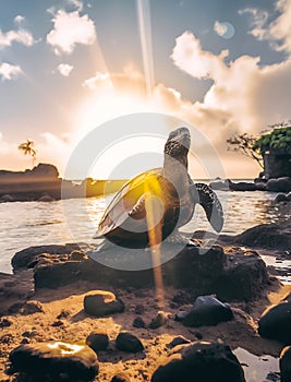 sea turtle walking slowly on sand with protective shell, sea turtle crawling on rocky beach,