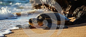 Sea Turtles Basking Honu Resting On A Sunlit Sandy Shore