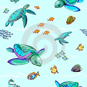 Sea Turtles Dance Oceanlife Vector Seamless Repeat Pattern