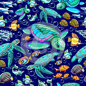 Sea Turtles Marine Life, fishes and Water Bubbles Vector Seamless Repeat Textile Pattern Design