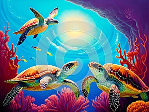 Sea Turtles Playing in the Ocean\'s Coral Reef