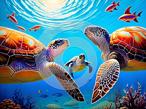 Sea Turtles Playing in the Ocean\'s Coral Reef