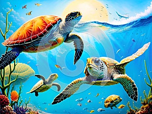 Sea Turtles Playing in the Ocean\'s Coral Reef