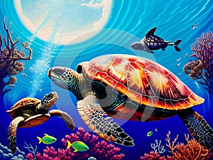 Sea Turtles Playing in the Ocean\'s Coral Reef