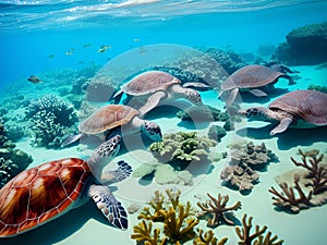 Sea Turtles Playing in the Ocean\'s Coral Reef