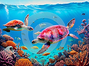 Sea Turtles Playing in the Ocean\'s Coral Reef