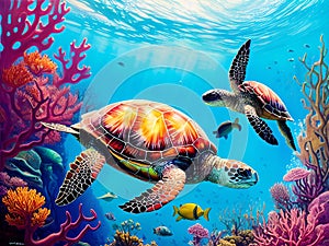 Sea Turtles Playing in the Ocean\'s Coral Reef