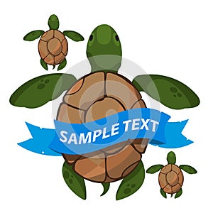 Sea turtles with ribbon banner. Clipart on the marine theme. Animal protection