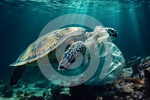 Sea turtles swimming in polluted with plastic bags ocean