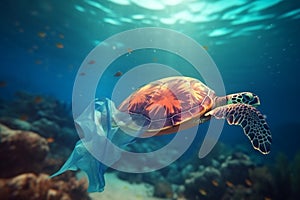 Sea turtles swimming in polluted with plastic bags ocean