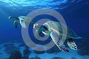 Sea turtles swimming underwater, deep blue sea AI generated