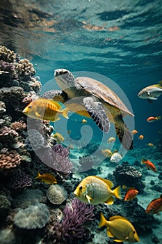 A Sea turtles in the sea, underwater with fishes