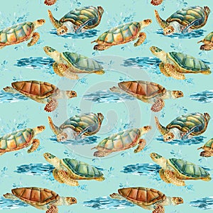 Sea turtles watercolor, nature background, seamless pattern