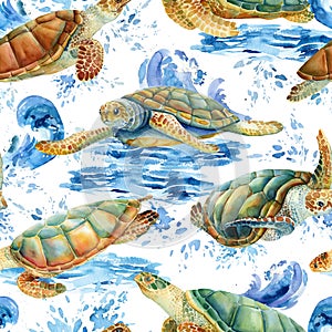 Sea turtles watercolor, nature background, seamless pattern