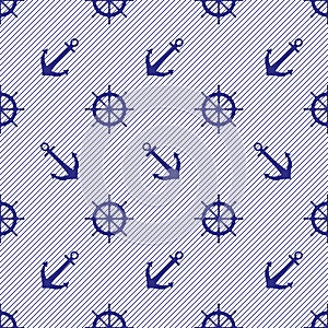 Sea two-color pattern from ship`s steering wheels and anchors on a striped background.