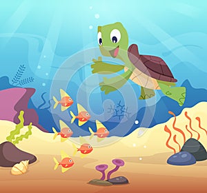 Sea underwater background with cartoon turtle