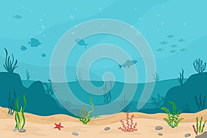 Sea underwater background. Marine sea bottom with underwater plants, corals and fishs.