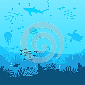 Sea underwater background. Ocean bottom with seaweeds. Vector