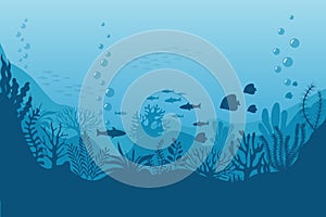 Sea underwater background. Ocean bottom with seaweeds. Vector marine scene