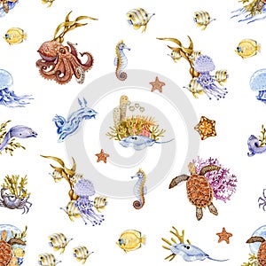 Sea underwater creatures seamless pattern. Hand drawn octopus, turtle, seahorse, coral watercolor illustration wallpaper