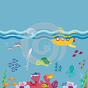 Sea underwater landscape with submarine. Cute undersea world vector illustration