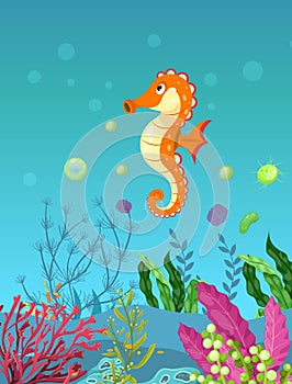 Sea underwater marine background with seahorse. Marine sea bottom with aqua plants, coral reef underwater seaweed plants, ocean