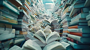 A sea of unfocused textbooks and workbooks symbolizing the extensive and diverse education that is available. This image photo