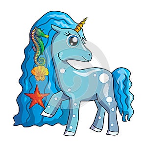 Sea unicorn. Cute cartoon vector unicorn clipart einhorn, little horse, pony.