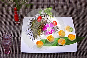 Sea urchin with quail egg