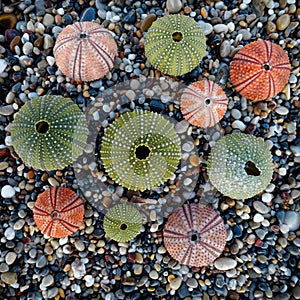 Sea urchins on wet pebbles beach top view, filtered image