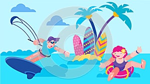 Sea vacation with fun kite in ocean, vector illustration. Summer sport active in water, beach surf activity on cartoon