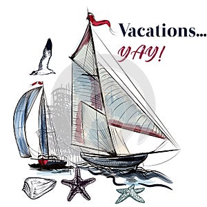 Sea vacations illustration with watercolor ship
