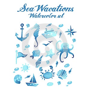 Sea vacations watercolor vector set