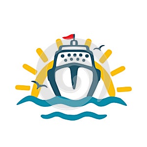 Sea vessel, sun, waves, seagulls. Vector color icon in cartoon style. Hand drawing isolated.