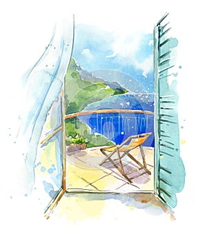 Sea view from the balcony at the seaside, watercolor illustration