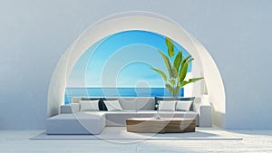 Sea View Beach Luxury Living Room - Santorini island style - 3D rendering
