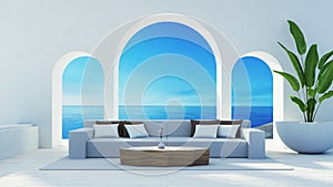 Sea View Beach Luxury Living Room - Santorini island style - 3D rendering