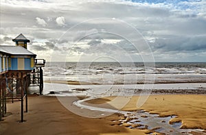 Sea view at Blackpool, with sandy beach and pier.