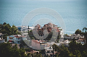 Sea view coast in summer residential buildings and cathedral Greek city of Chalkis