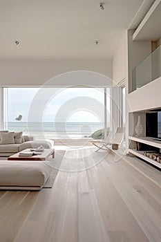 Sea view empty large living room of luxury summer beach house with swimming pool near wooden terrace. Big white wall