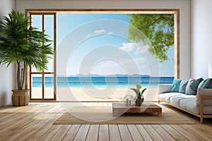 Sea view empty large living room of luxury summer beach house with wooden terrace. Minimal home interior with beach and sea view