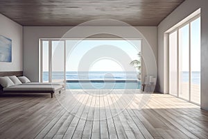 Sea view empty large living room of luxury summer. Generative AI