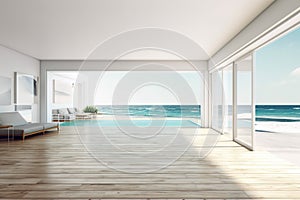 Sea view empty large living room of luxury summer. Generative AI