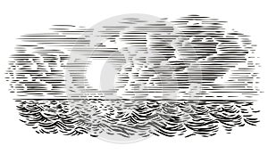 Sea view engraving style illustration. Vector, isolated, layered.