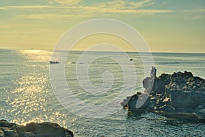 Sea view in Giardini Naxos, Sicily, Italy early morning after sunrise,