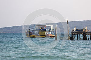 Sea view with khmer boat, beach of Koh Rong. Cambodia