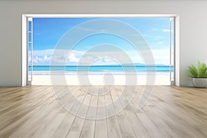 Sea view large living room of luxury summer beach house with empty wooden floor. Interior 3d illustration in vacation home or