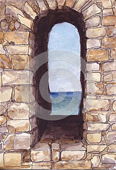 Sea view through the loophole of the fortress