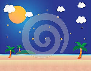 Sea view with moon and stars in midnight, Beautiful moon at beach,paper art style background flat design vector illustration